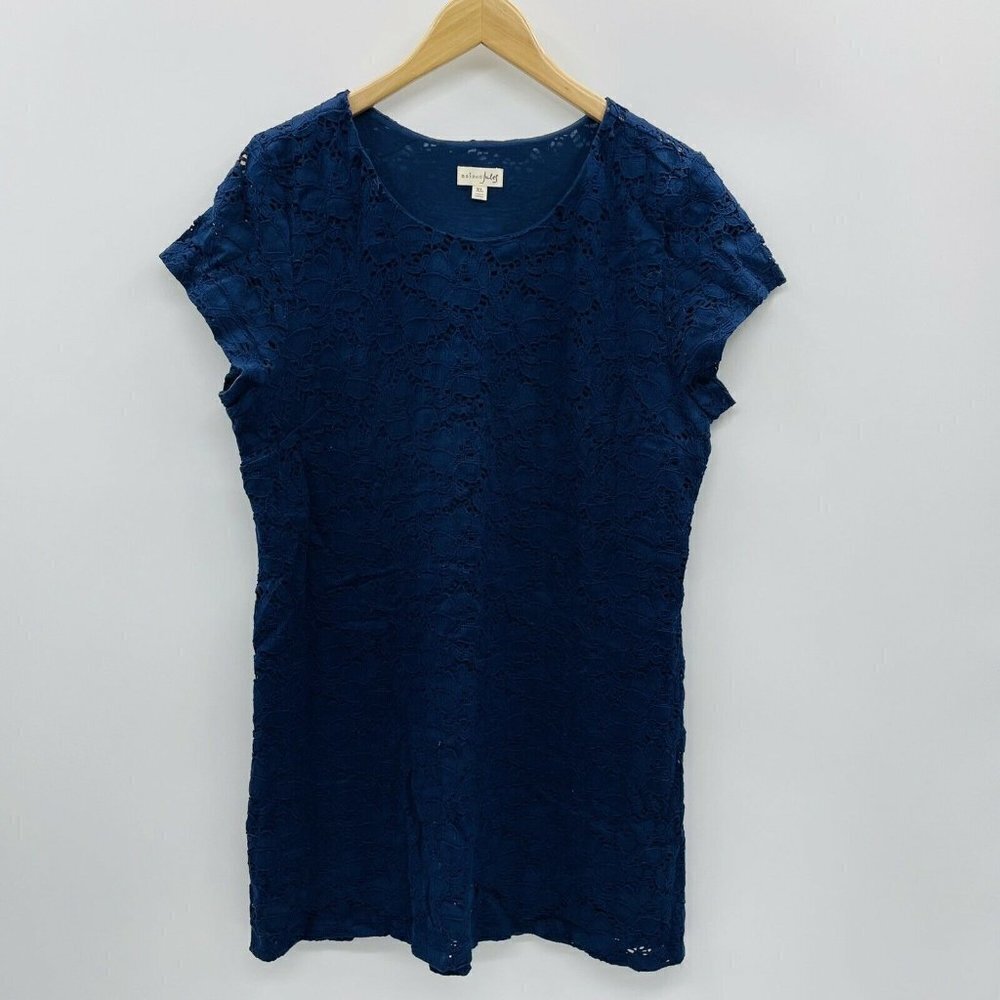 Maison Jules Juniors XL Scoop Neck Short‎ Sleeve Lace Overlay Shift Dress Blue